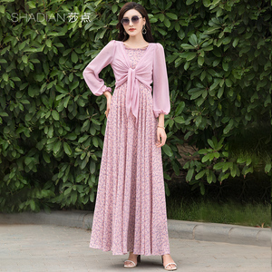 碎花雪纺吊带连衣裙长款2026新春秋套装裙子两件套长裙女夏脚踝