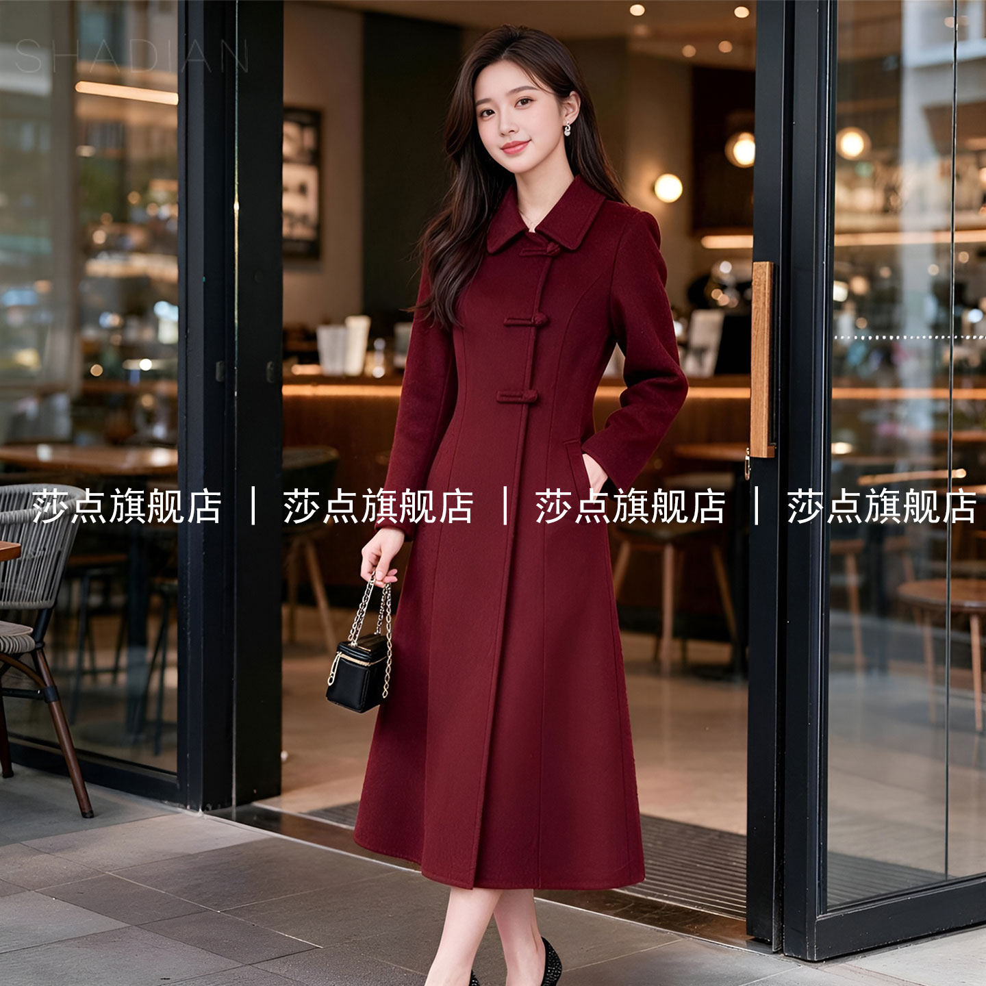 酒红色单排扣毛呢外套女冬加厚
