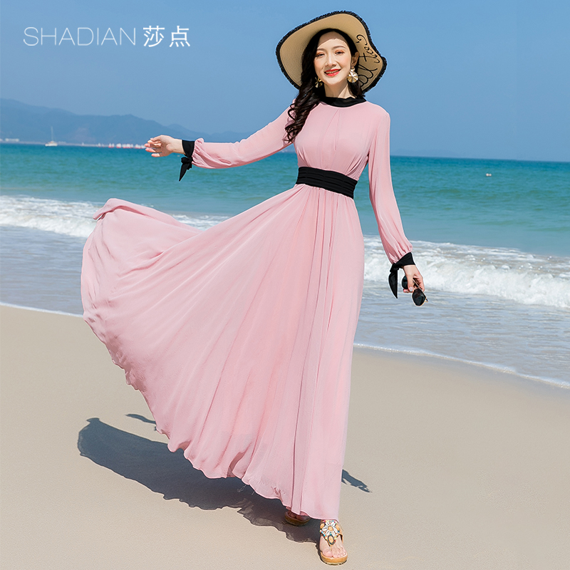 夏季雪纺长裙大摆海边度假连衣裙长款女夏长袖沙滩裙2025新款高端