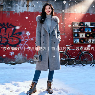 灰色毛领毛呢外套女冬加厚中长款2025新款双排扣呢子大衣高级感