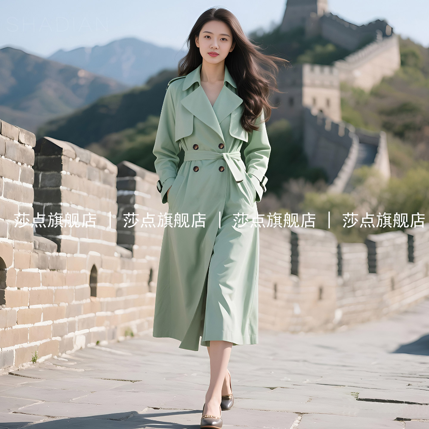 休闲时尚豆绿色风衣女中长款