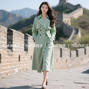 休闲时尚豆绿色风衣女中长款2026秋季新款收腰过膝外套长款大衣