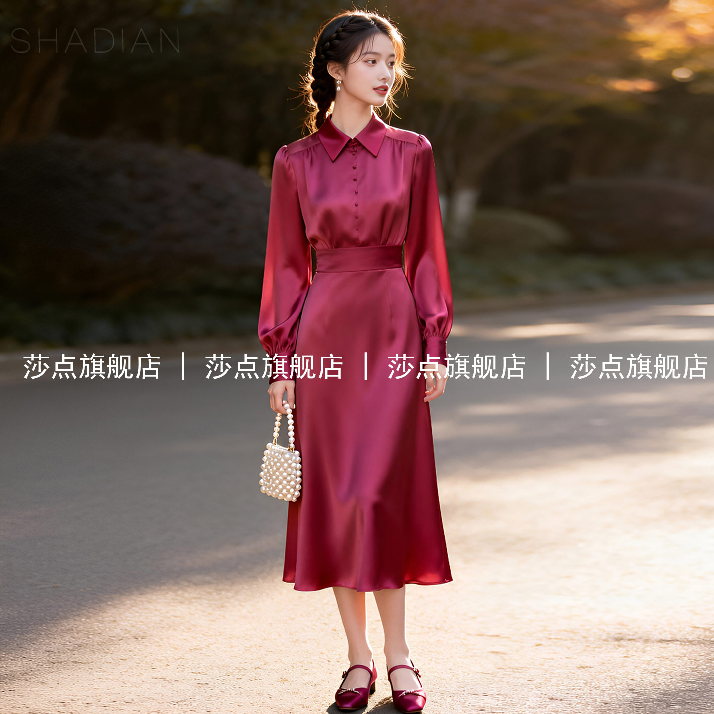 酒红色长袖连衣裙女春秋