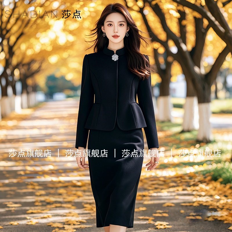 黑色长袖毛呢套装裙秋冬新款高级感气质赫本风修身显瘦呢子两件套
