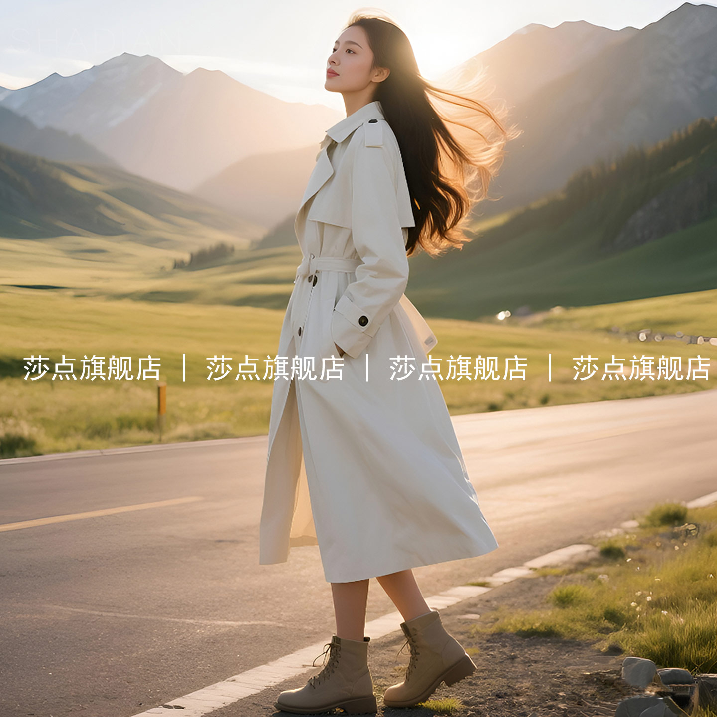 米白色双排扣风衣大衣女