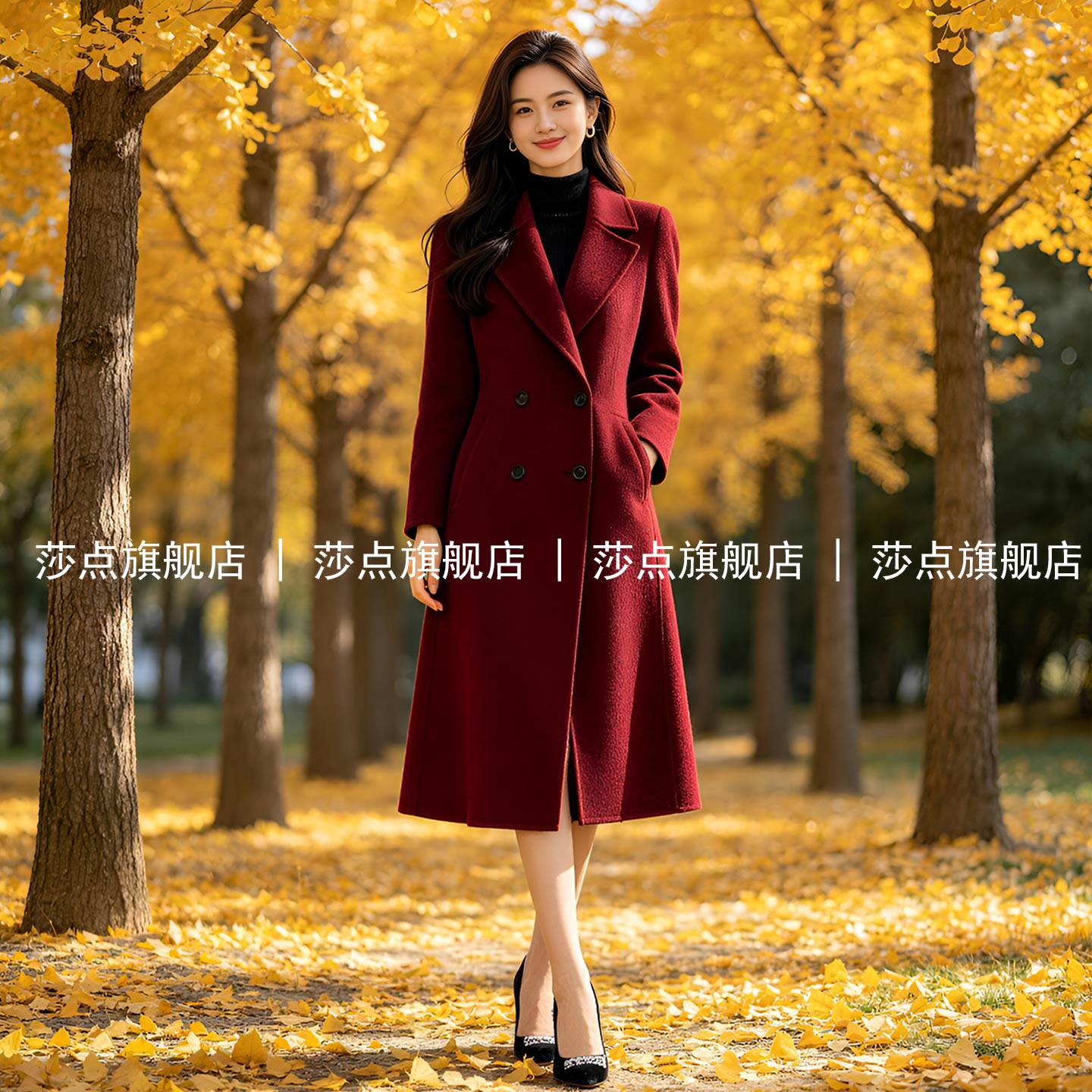 酒红色西装领双排扣呢子大衣女冬