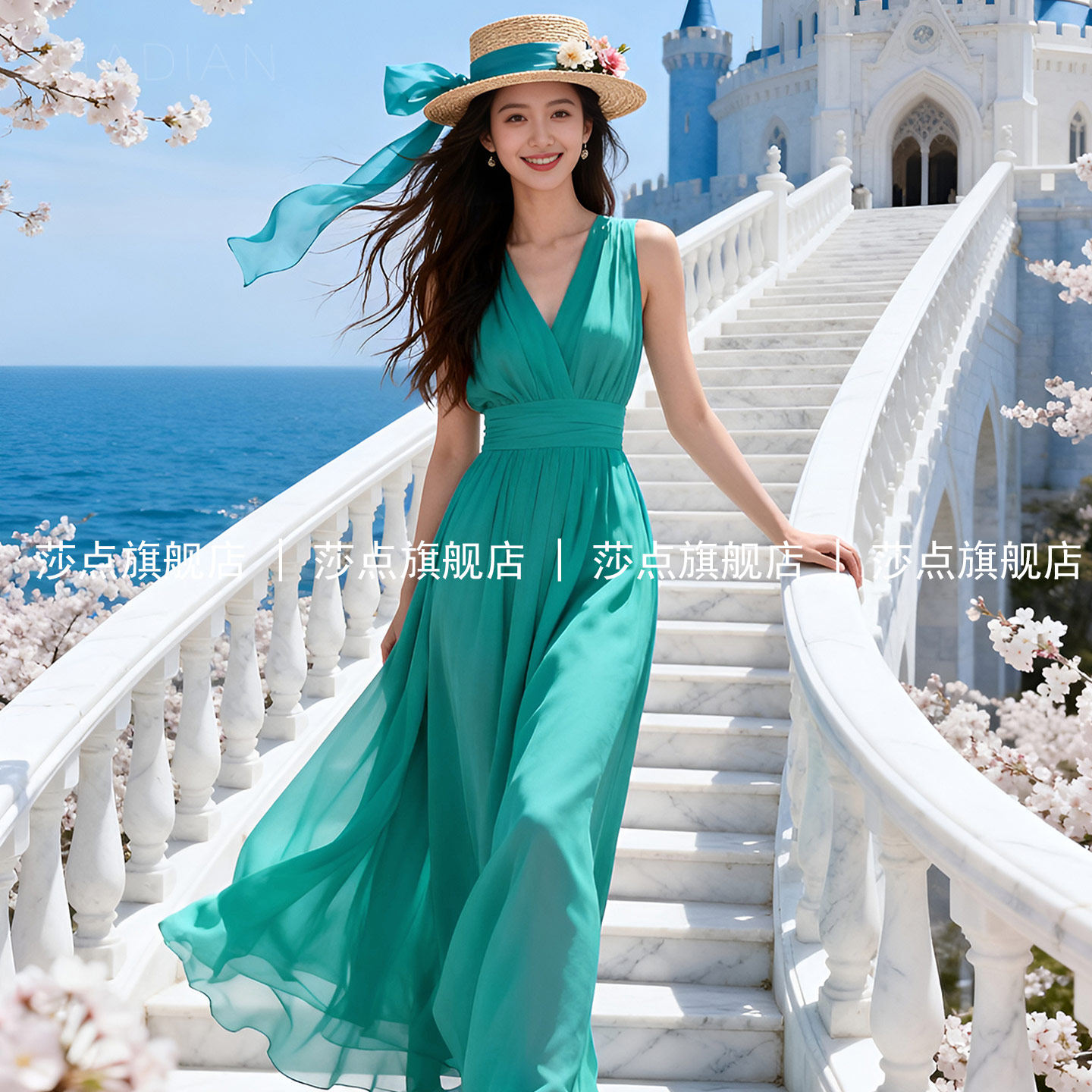 V领绿色无袖背心连衣裙女夏海边度假薄纱沙滩裙气质长款雪纺长裙