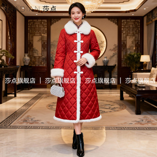 红色新中式毛领羽绒棉服女冬季加厚2025新款长款过膝棉衣保暖棉袄