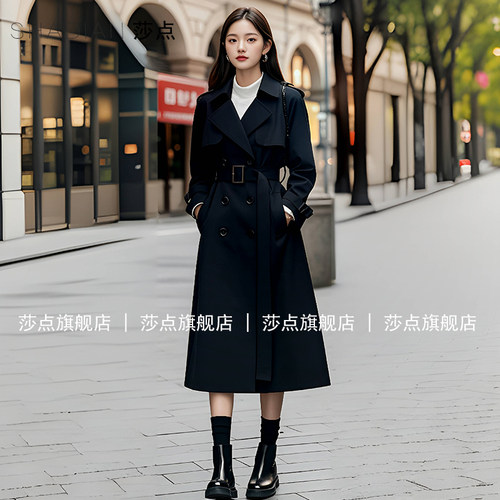 莎点黑色双排扣风衣中长款