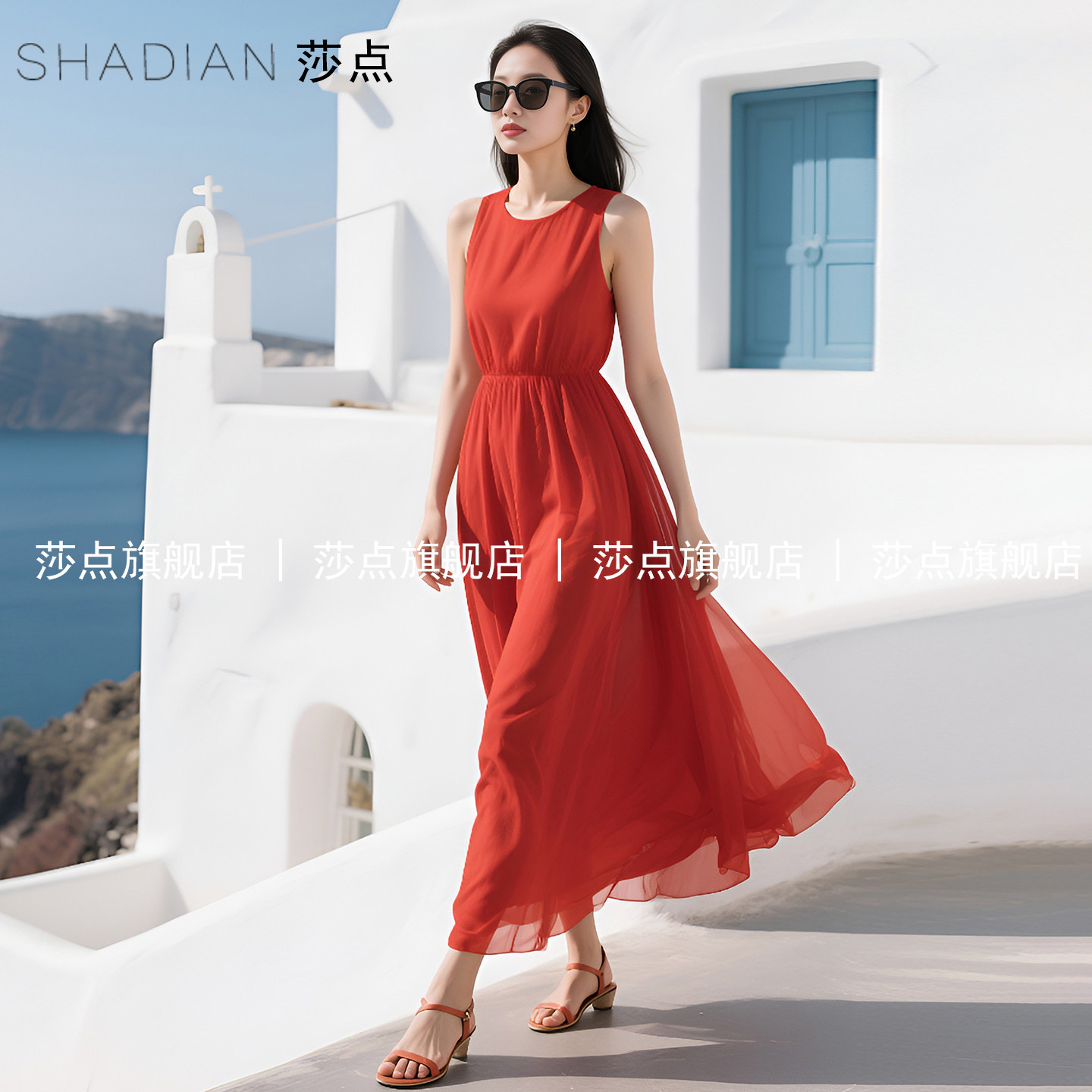 2026新款薄纱无袖连衣裙女夏海边度假沙滩裙背心裙红色大摆裙长裙
