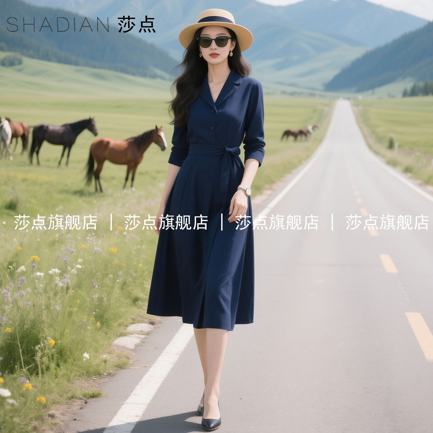 藏青色单排扣连衣裙女春秋