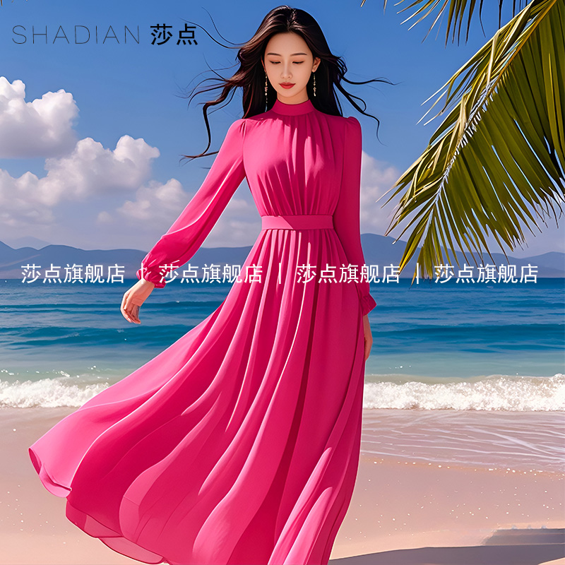 玫红色雪纺连衣裙女夏长袖