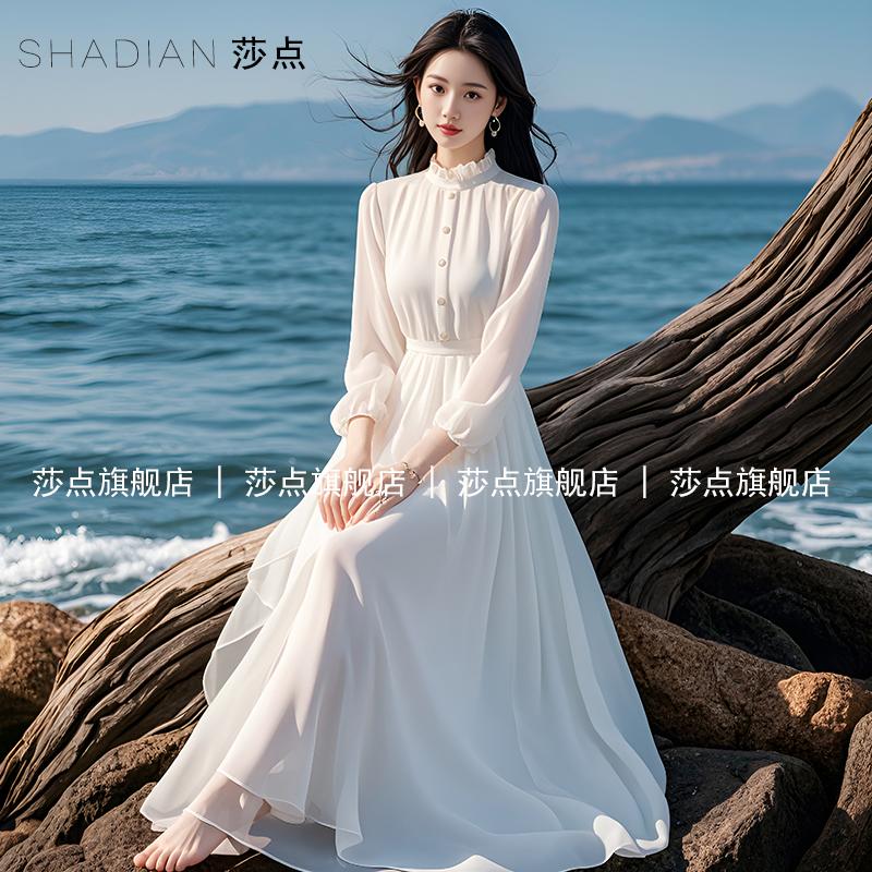 白色仙女裙长款2025新款三亚出游拍照度假沙滩裙长袖连衣裙长裙