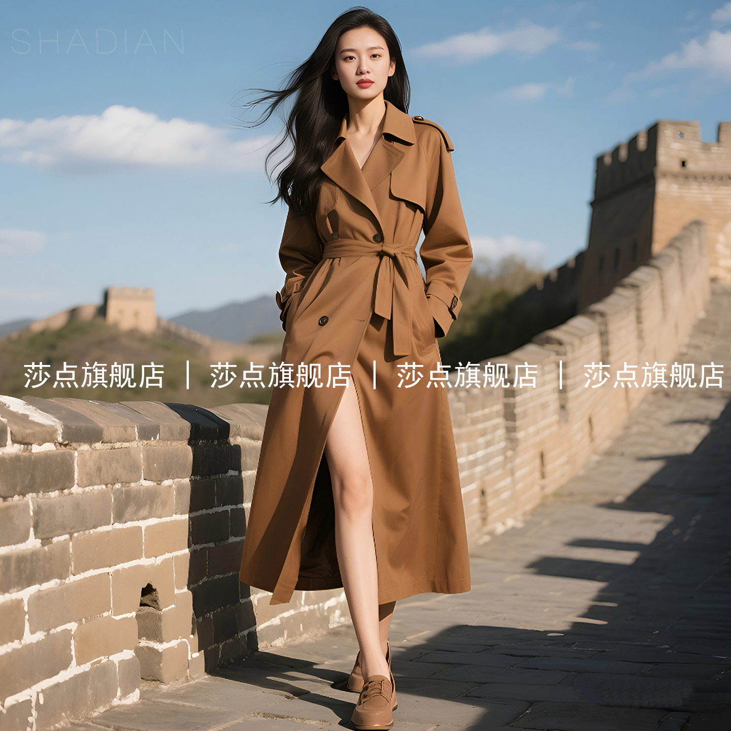 焦糖色休闲风衣女中长款