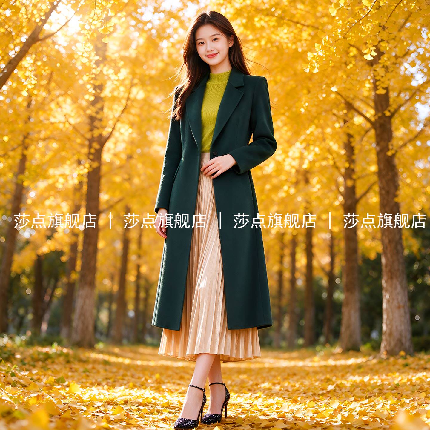 深绿色西装领中长款毛呢外套女冬