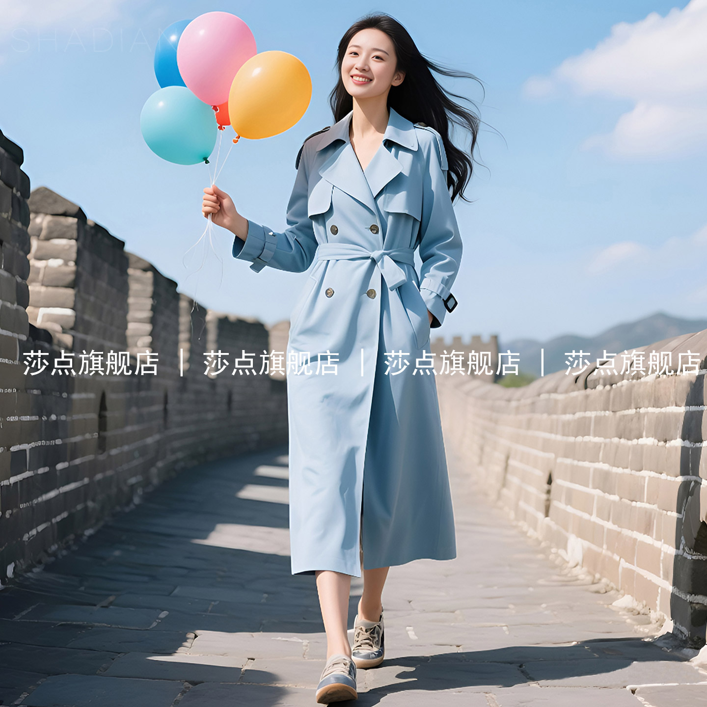 天蓝色双排扣休闲风衣女中长款