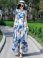 V-neck dress for women 2026 summer new style chiffon short-sleeved long dress slimming big swing dress Beach vacation dress thumbnail 4