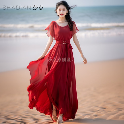 莎点红色雪纺度假长裙大摆裙