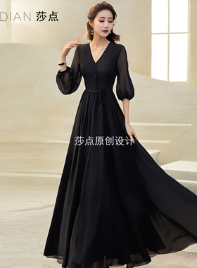 黑色晚礼服高级感2026新款气质收腰显瘦赫本风小黑裙长款连衣裙