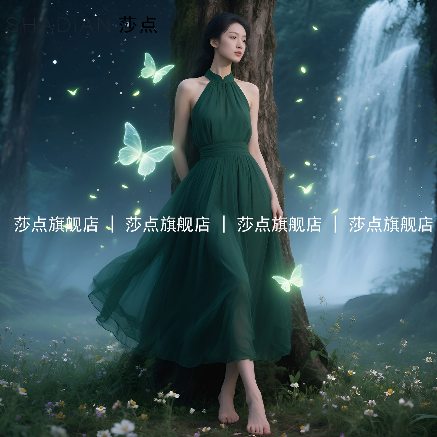 绿色挂脖连衣裙无袖女夏