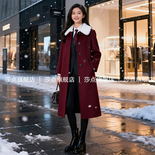 2025新款酒红色毛呢外套女款冬加厚中长款气质收腰呢子大衣高级感