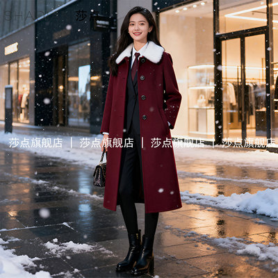 酒红色毛呢外套女款冬加厚