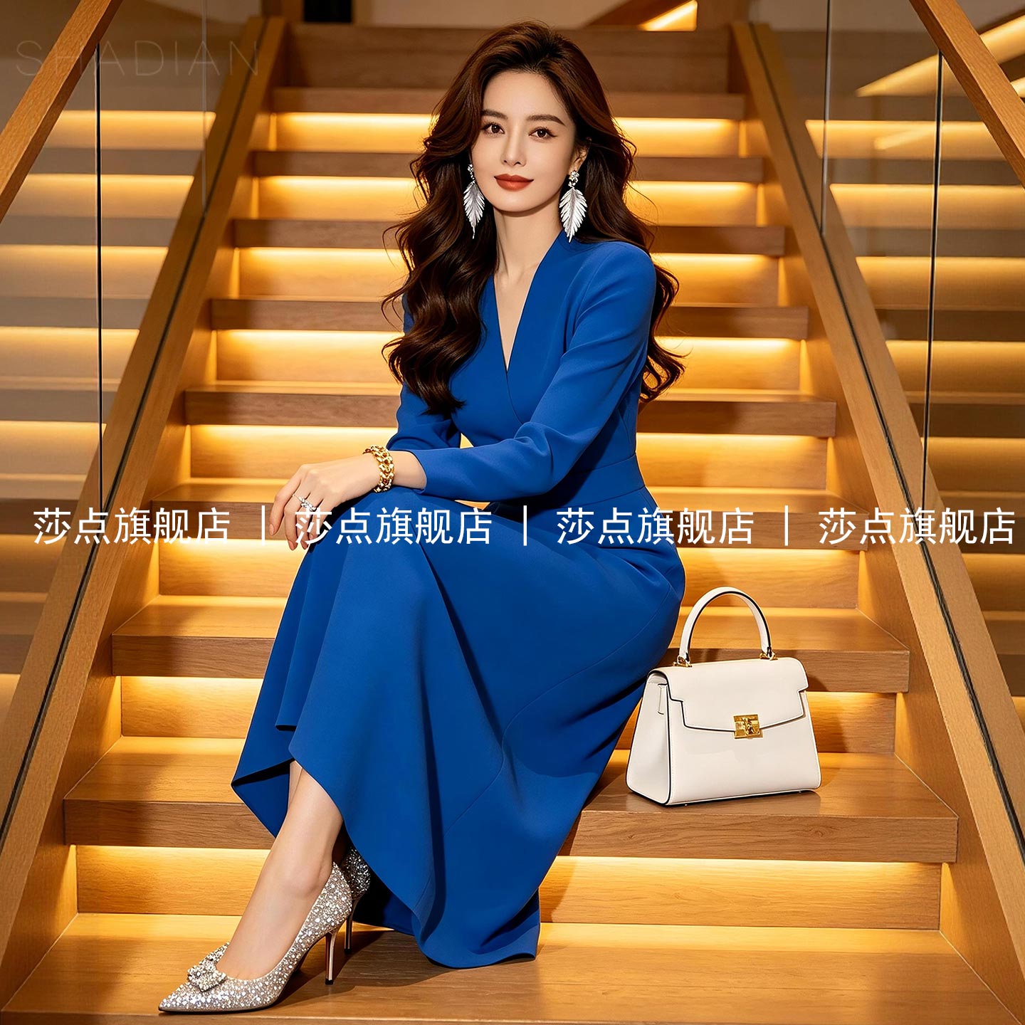 蓝色V领长袖连衣裙女2026春秋