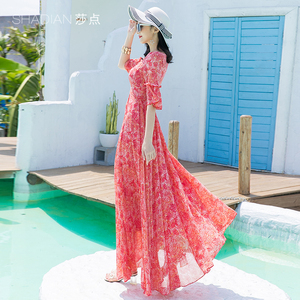 一字领雪纺连衣裙长款女2026新款夏收腰裙子长裙波西米亚沙滩裙