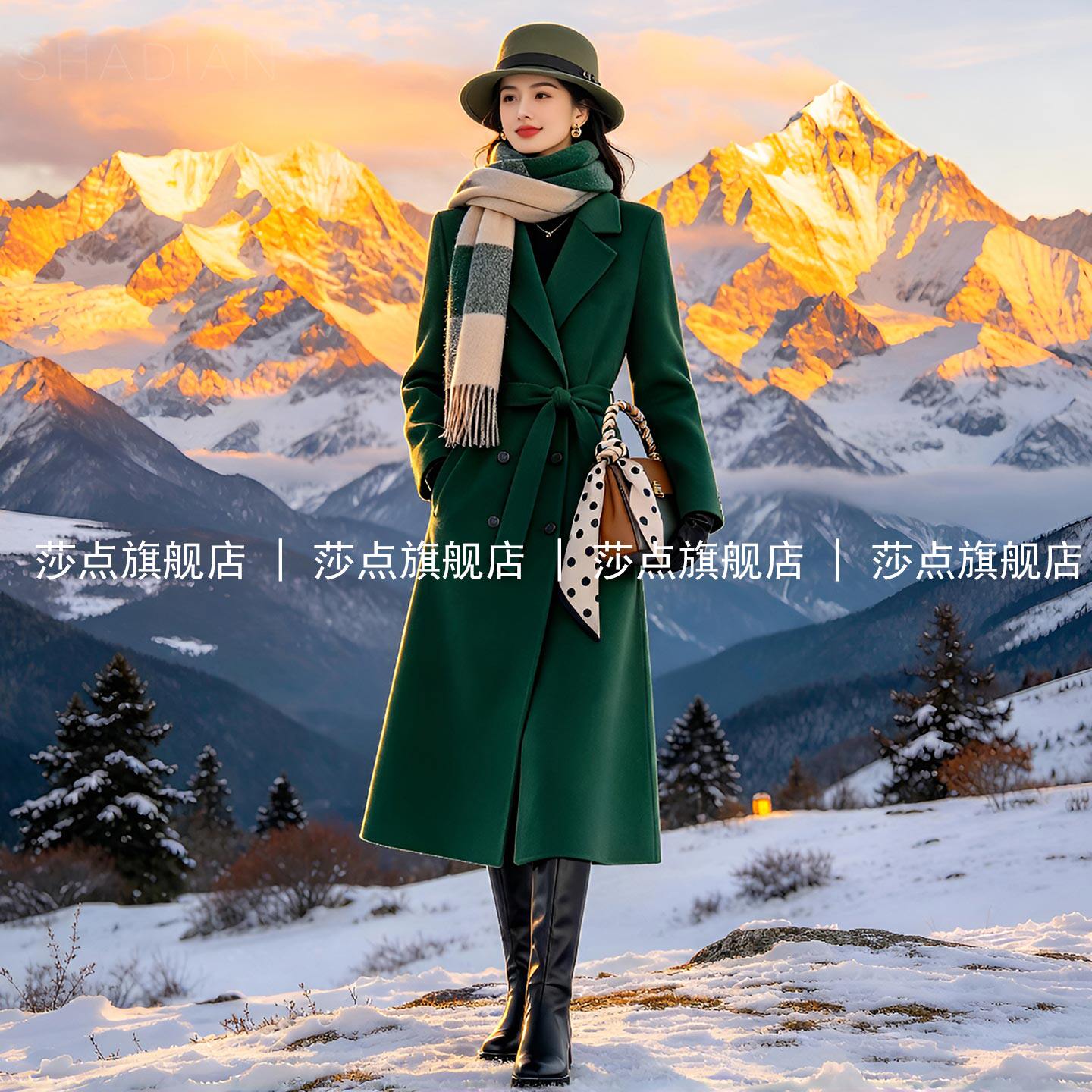 绿色翻领双排扣呢子大衣女秋冬