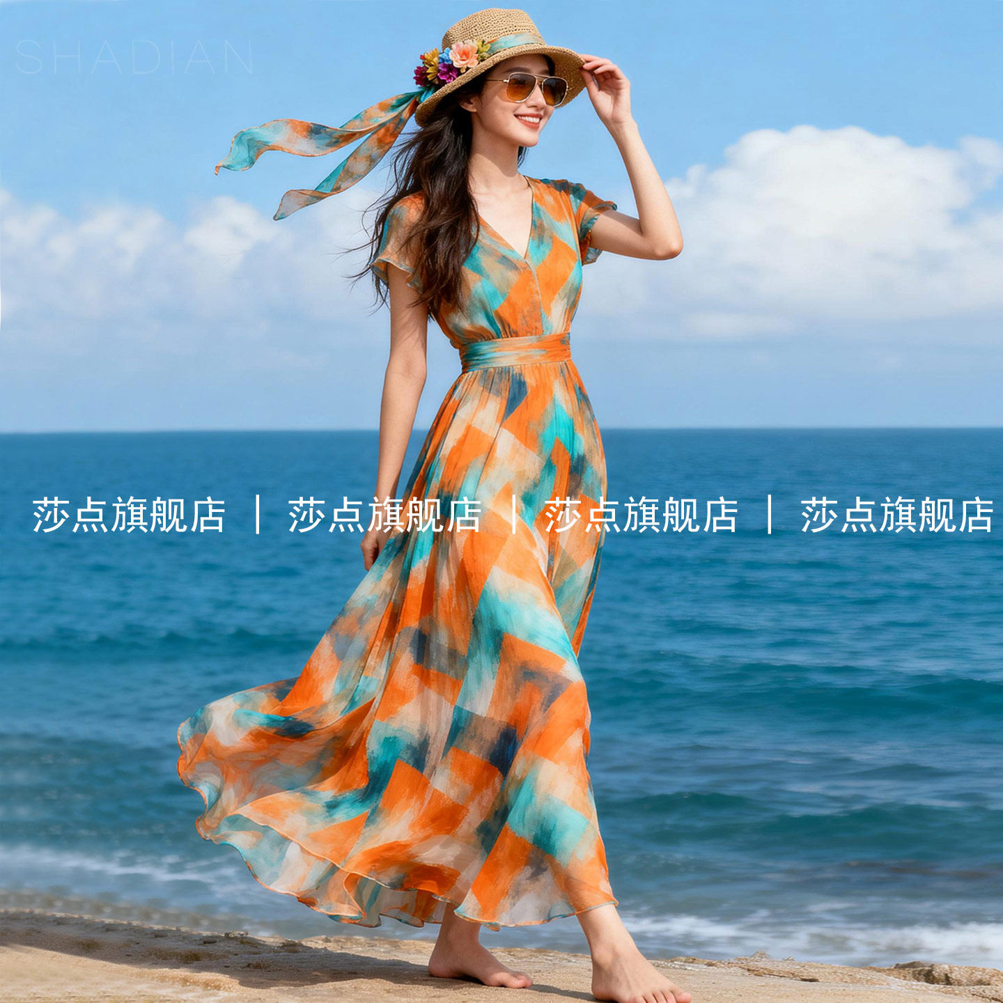 V领短袖格子连衣裙女夏2026海边度假沙滩裙雪纺薄纱长款气质长裙