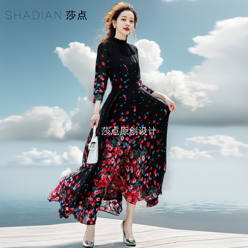 2026新款碎花雪纺连衣裙女夏季脚踝长款大摆沙滩裙裙子过膝长裙