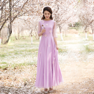 莎点新款手工立体绣花长裙女 一字领修身大摆连衣裙淑女公主纱裙