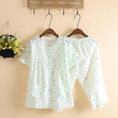 日系水洗布睡衣女夏季短袖七分裤