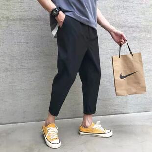 春夏季薄款裤子男韩版潮流痞帅修身小脚冰丝九分裤男士休闲小西裤
