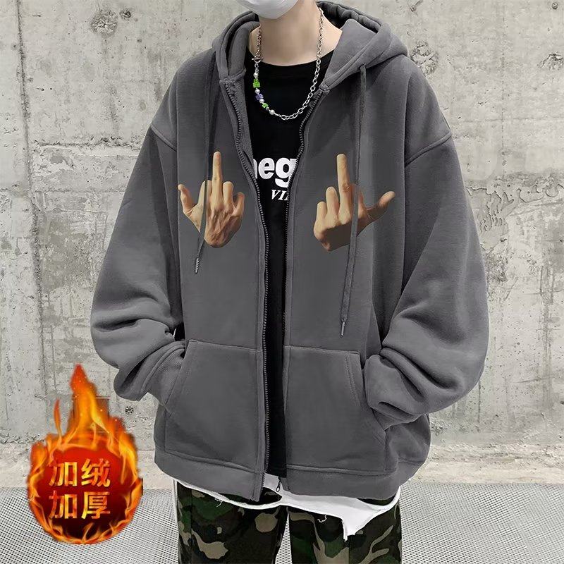 黑色卫衣男秋冬连帽开衫加绒外套