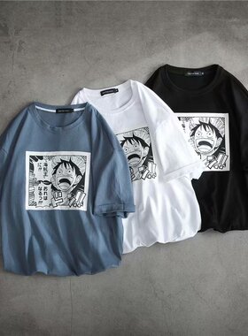 ins港风夏季ulzzang动漫短袖bf男生t恤宽松潮流五分袖cec潮牌蓝色