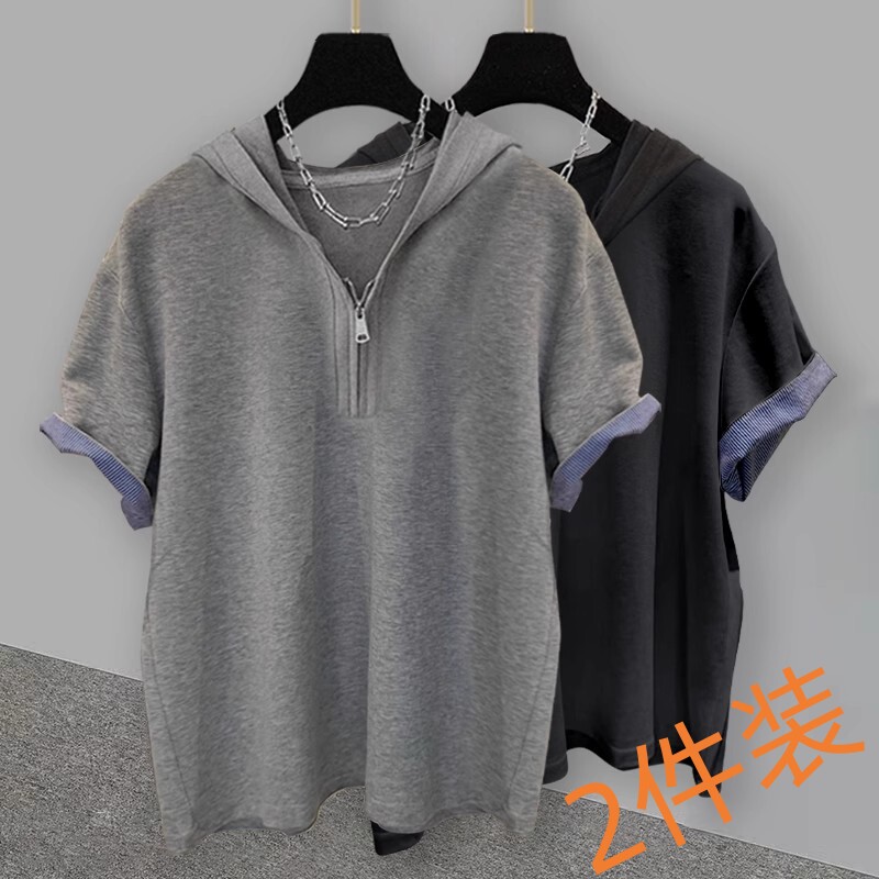 夏季潮牌条纹拼接短袖T恤男款休闲纯色宽松半拉链连帽上衣2025年