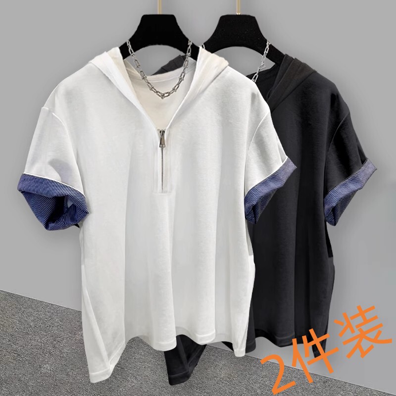 条纹拼接拉链连帽t恤男休闲时尚