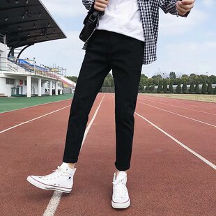 2018秋季新款男士牛仔裤直筒修身小脚黑色休闲ins超火的裤子男潮