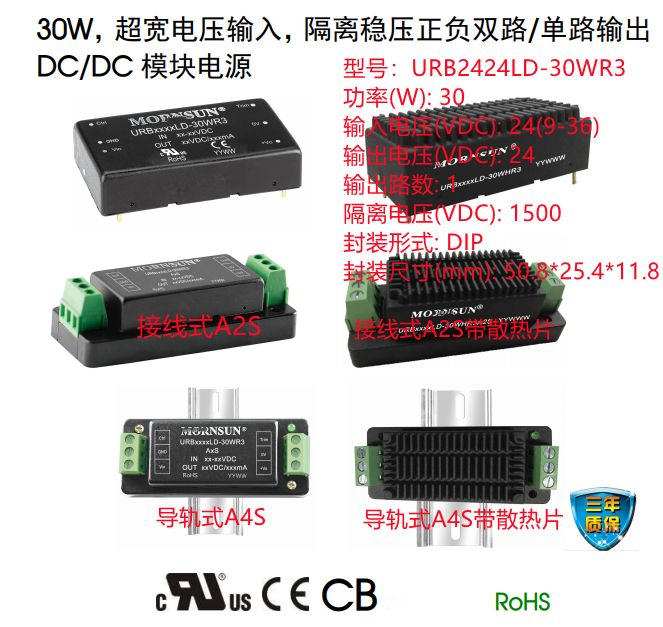 URB2424LD-30WR3A2S  30W 接线式 超宽电压输入,隔离稳压单路输出