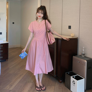 粉色衬衫裙女2024夏季新款宽松遮肚子减龄休闲甜美初恋桔梗连衣裙图片