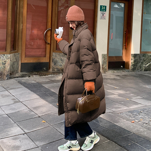 休闲卡其色立领长款保暖羽绒服女冬季2025新款轻薄白鸭绒保暖外套图片