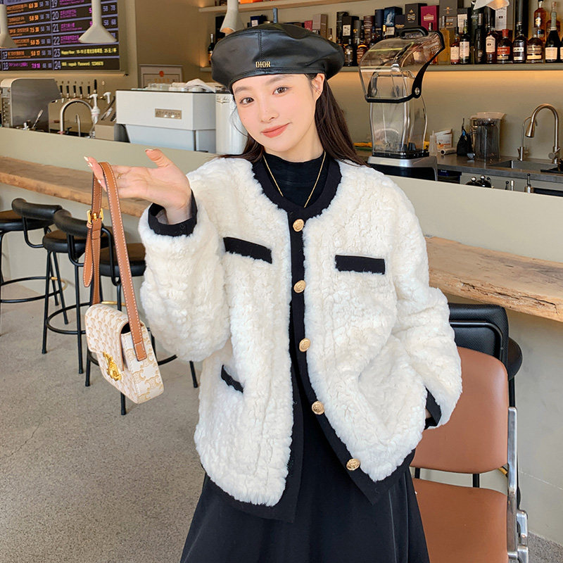 小香风羊羔毛外套女2023秋冬新款气质高级感小个子加厚羊羔绒棉服，女装派克服，浙宝273