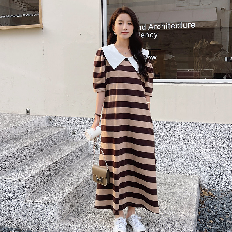 韩版娃娃领条纹连衣裙女夏季2025年新款设计感休闲宽松开叉长裙子,女装连衣裙,浙宝273