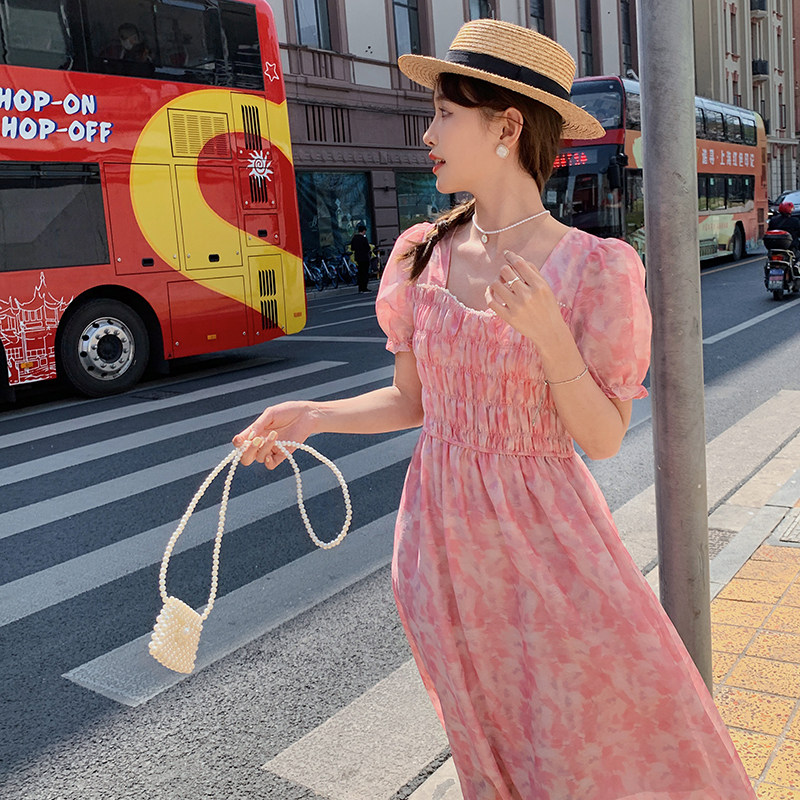 粉色方领泡泡袖碎花连衣裙女2023夏季新款法式温柔风漂亮别致长裙,女装连衣裙,浙宝273