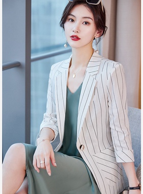 亚麻白色条纹西装外套女短款夏季2026新款中袖防晒棉麻小个子西服