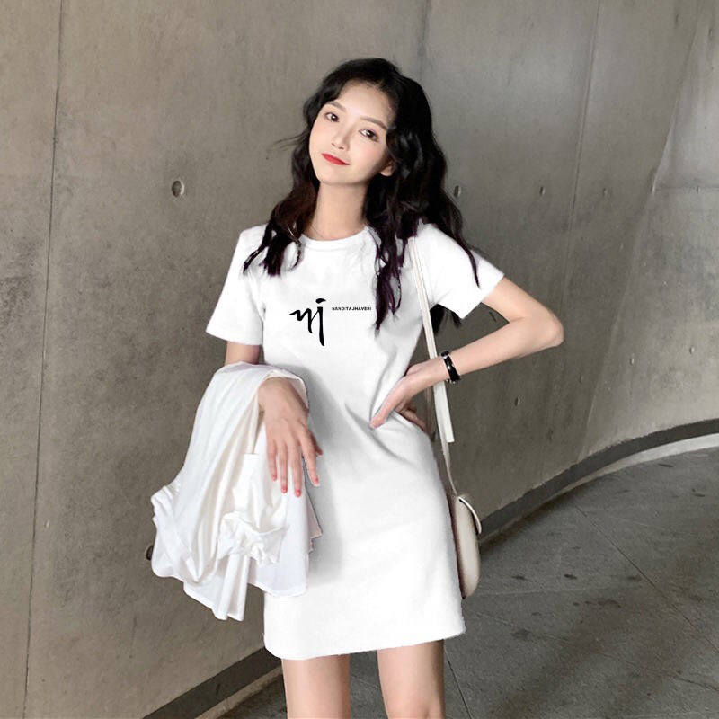 白色纯棉短袖T恤女夏2021夏季超火宽松显瘦圆领中长款连衣裙ins潮