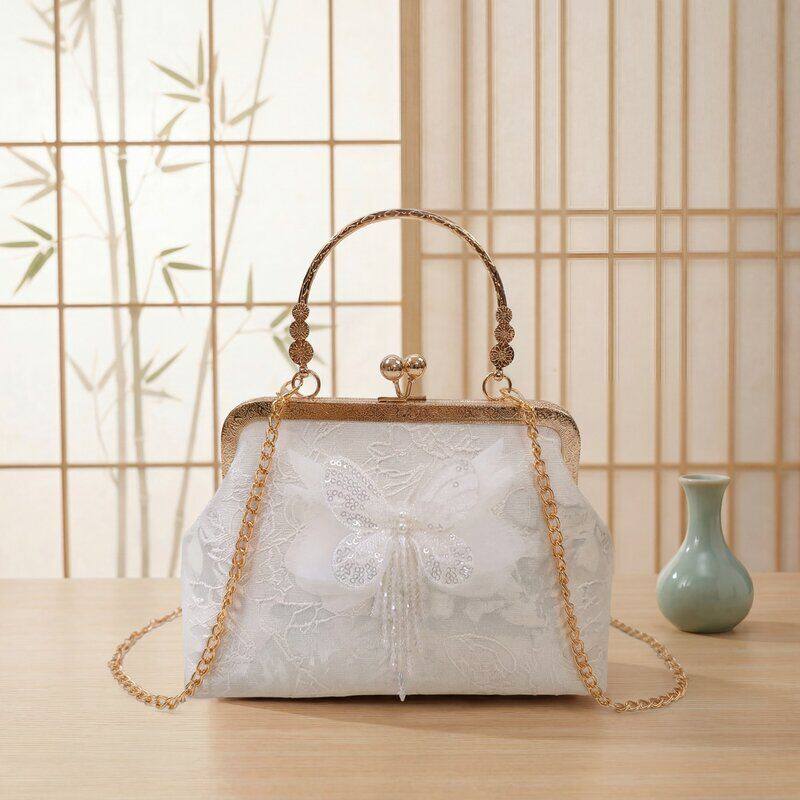 2026春季新国风立体蝴蝶手提包简约甜美时尚潮夹口链条单肩斜挎包