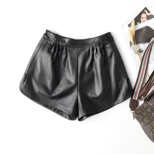 皮裤 秋冬新款 靴裤 a字松紧高腰显瘦阔腿裙裤 女 海宁绵羊皮真皮短裤