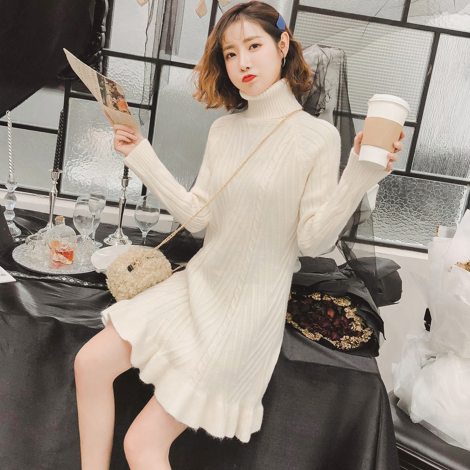 2018¶¬Ð¿îÖг¤¿îºÉÒ¶±ßÓãβ´òµ×ëÒÂȹÐÞÉí¸ßÁìÕëÖ¯Á¬ÒÂȹ°üÍÎȹ
